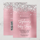 シルバーとピンクグラムオンライン登録ベビーシャワー 招待状 (正面/裏面)