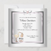 シルバーとピンクコウノトリ赤ちゃんガールシャワー 招待状 (裏面)