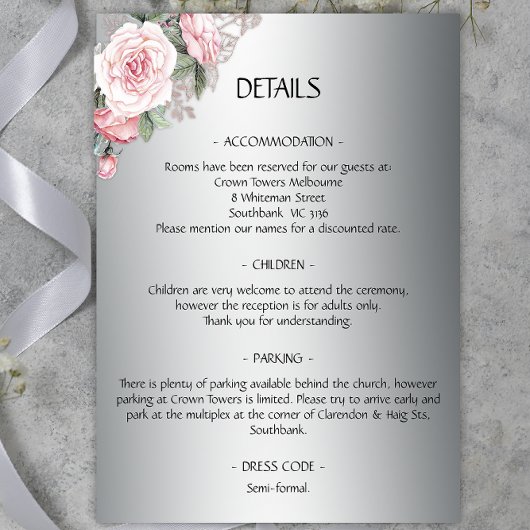 シルバーとピンクローズ結婚の詳細 エンクロージャーカード