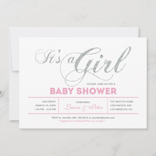 シルバーとピンク |シックなタイポグラフィベビーシャワー 招待状 (正面)