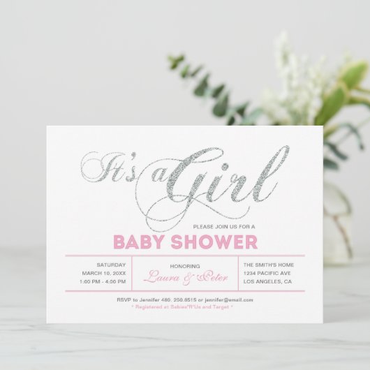 シルバーとピンク |シックなタイポグラフィベビーシャワー 招待状 (スタンド正面)