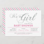 シルバーとピンク |シックなタイポグラフィベビーシャワー 招待状 (正面/裏面)