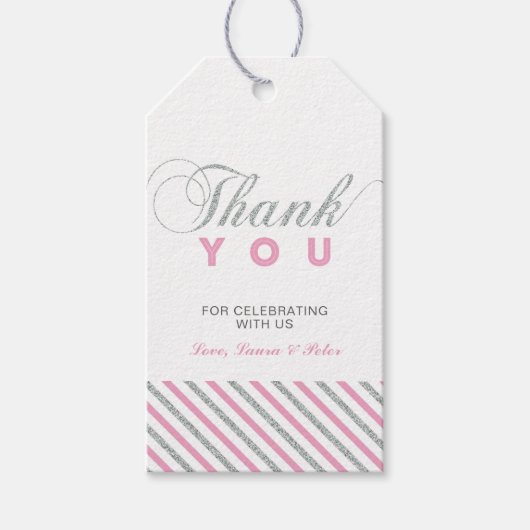 シルバーとピンク |パーティモダンーのお願いありがとうございますラベル ギフトタグ (正面)