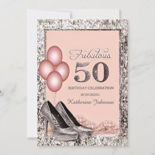 シルバーとピーチの50歳の誕生日パーティーの招待状 招待状 (正面)
