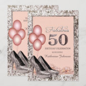 シルバーとピーチの50歳の誕生日パーティーの招待状 招待状 (正面/裏面)