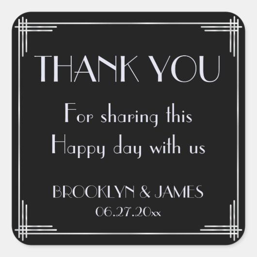 シルバーとブラックのアールデコ結婚式用シール スクエアシール (正面)