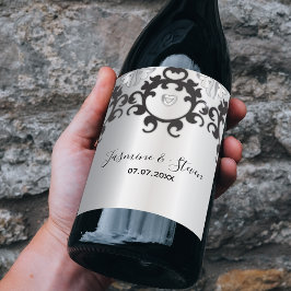 シルバーとブラックのエレガントグスタイリッシュラ結婚ム ワインラベル