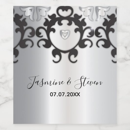 シルバーとブラックのエレガントグスタイリッシュラ結婚ム ワインラベル (シングルラベル)