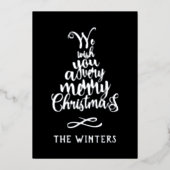 シルバーとブラックのクリスマスツリーレタリング写真 箔シーズンカード (正面)