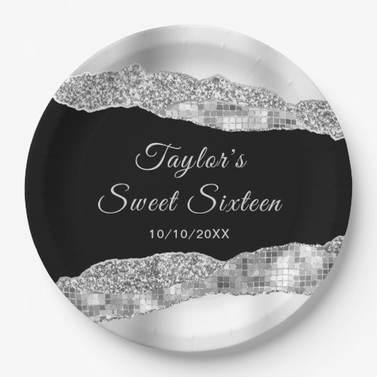 シルバーとブラックのグラムティアーズSweet sixteen ペーパープレート (正面)