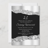 シルバーとブラックのグラームの涙の誕生日パーティー 招待状 (正面)