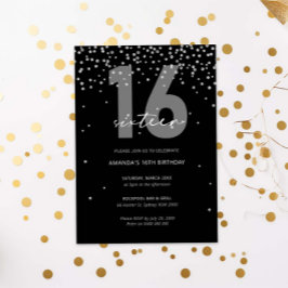 シルバーとブラックのグリッターが16歳の誕生日を輝く 招待状
