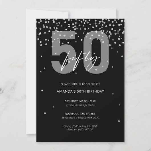 シルバーとブラックのグリッターが50歳の誕生日を輝かせる 招待状 (正面)