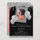 シルバーとブラックのグリッタードリップフォトフレーム 招待状 (正面/裏面)