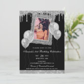 シルバーとブラックのグリッター ドリップ フォト フレーム 招待状 (スタンド正面)