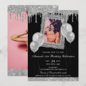 シルバーとブラックのグリッター ドリップ フォト フレーム 招待状 (正面/裏面)