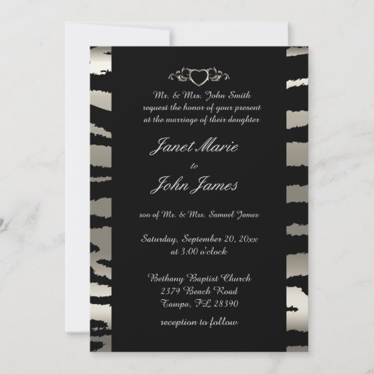 シルバーとブラックのゼブラストライプがおしゃれなウェディング 招待状 (正面)