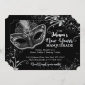 シルバーとブラックのニューヨーク新年仮面パーティー 招待状 (正面/裏面)