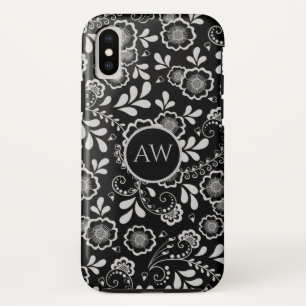 シルバーとブラックのフローラビクトリアンレースモノグラム iPhone XSケース