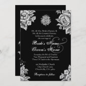 シルバーとブラックのヴィンテージ結婚の花 招待状 (正面/裏面)