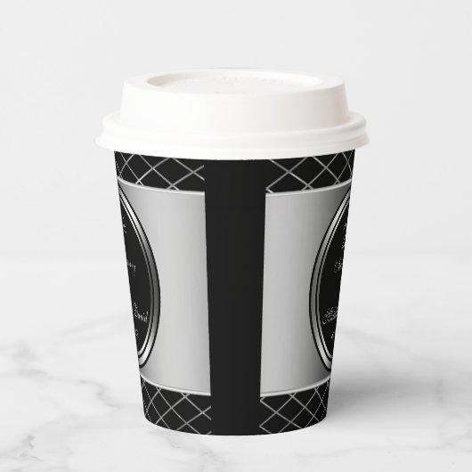 シルバーとブラックの幾何学模様 – 25th 紙コップ (左)
