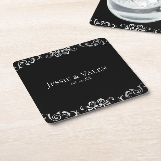 シルバーとブラックの旋回ゴシック結婚ズ スクエアペーパーコースター (アングル)