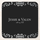 シルバーとブラックの旋回ゴシック結婚ズ スクエアペーパーコースター (正面)