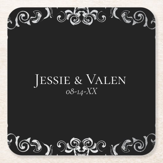 シルバーとブラックの旋回ゴシック結婚ズ スクエアペーパーコースター (正面)