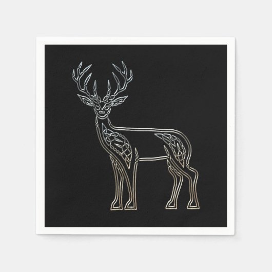 シルバーとブラックの鹿ケルトスタイルノット スタンダードカクテルナプキン (正面)