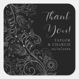 シルバーとブラックエレガントフローラ結婚の感謝 スクエアシール