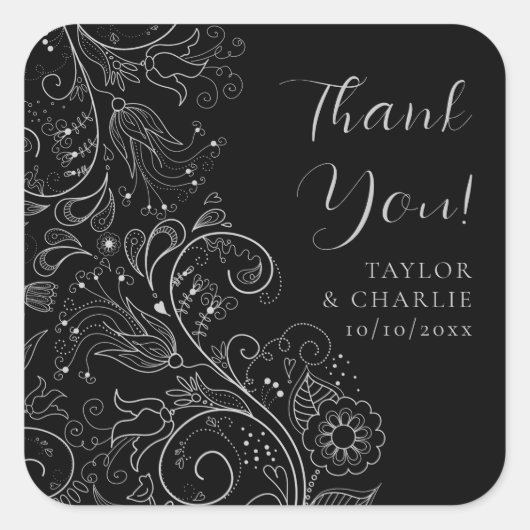 シルバーとブラックエレガントフローラ結婚の感謝 スクエアシール (正面)
