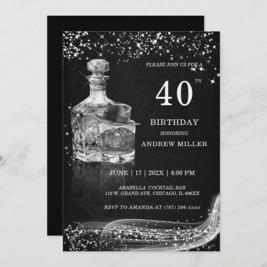 シルバーとブラックカスタムの誕生日 招待状 (正面/裏面)