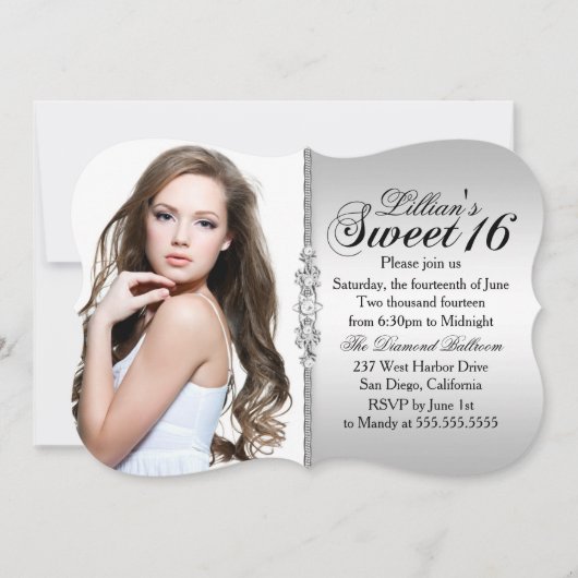 シルバーとブラックジュエルダマスクスウィート16誕生日 招待状 (正面)
