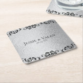 シルバーとブラック結婚ゴシック スクエアペーパーコースター (アングル)