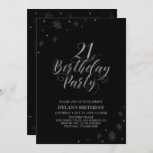 シルバーとブラック |シックモダン21歳の誕生日パーティー 招待状 (正面/裏面)