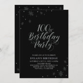 シルバーとブラック | 100歳モダン誕生日パーティー 招待状 (正面/裏面)
