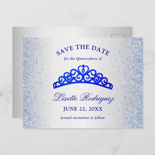 シルバーとブルーのキンセアニェラが日付を保存 ポストカード (正面/裏面)