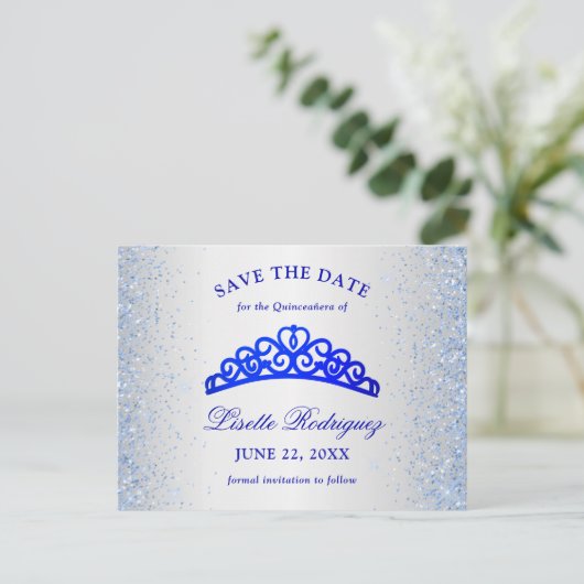 シルバーとブルーのキンセアニェラが日付を保存 ポストカード (スタンド正面)