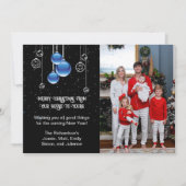 シルバーとブルーのクリスマスオーナメントが輝く写真 シーズンカード (正面)