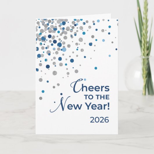 シルバーとブルーの新年 2026 カード (正面)