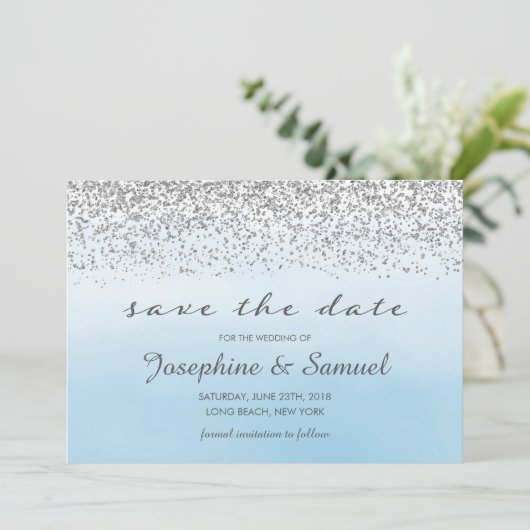 シルバーとブルーの水の色の保存日付 招待状 (スタンド正面)