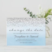 シルバーとブルーの水彩日付の変更 招待状 (スタンド正面)