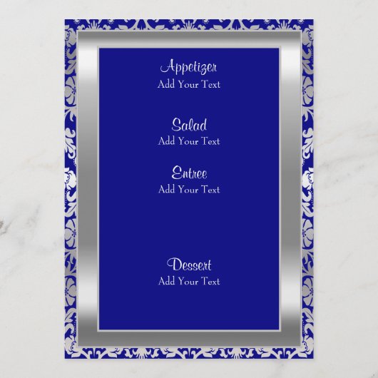 シルバーとブルーの美しいブライダルメニュ王室のー メニュー (裏面)
