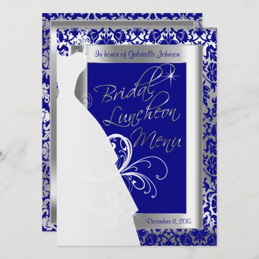 シルバーとブルーの美しいブライダルメニュ王室のー メニュー (正面/裏面)