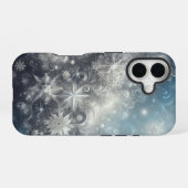 シルバーとブルーの雪の結晶の冬 iPhone 16ケース (裏面横)