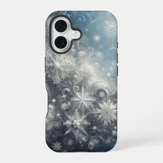 シルバーとブルーの雪の結晶の冬 iPhone 16ケース (裏面)