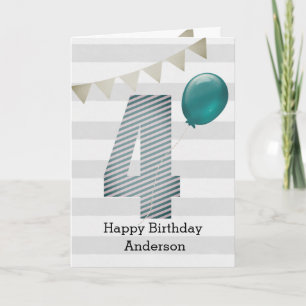 シルバーとブルーの4歳の誕生日 カード