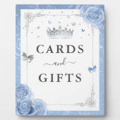 シルバーとベビーブルーのバラカードとギフトサイン フォトプラーク (正面)