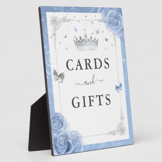 シルバーとベビーブルーのバラカードとギフトサイン フォトプラーク (側面)
