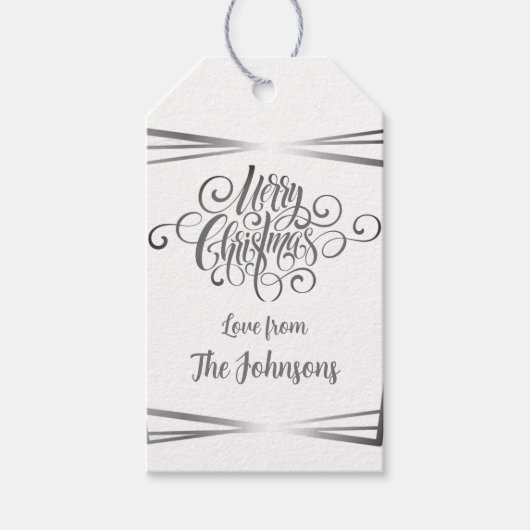 シルバーとホワイトのエレガントクリパーソナライズされたスマス ギフトタグ (正面)